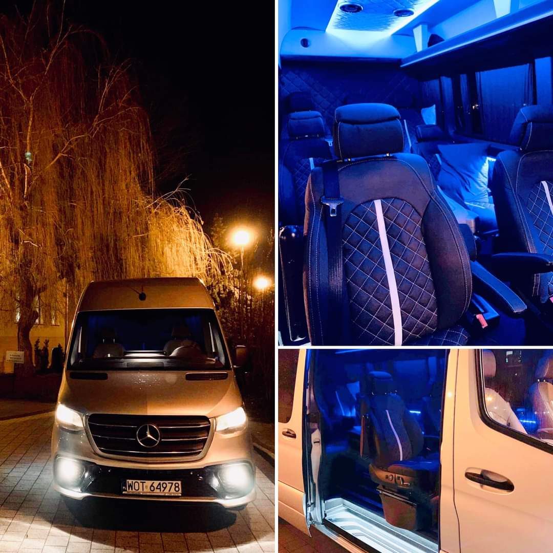 Mercedes-Benz Sprinter nocą oraz skórzane fotele pasażerskie VIP