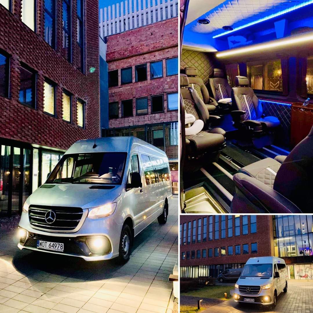 Mercedes-Benz Sprinter nocą i wnętrze VIP z niebieskim podświetleniem LED