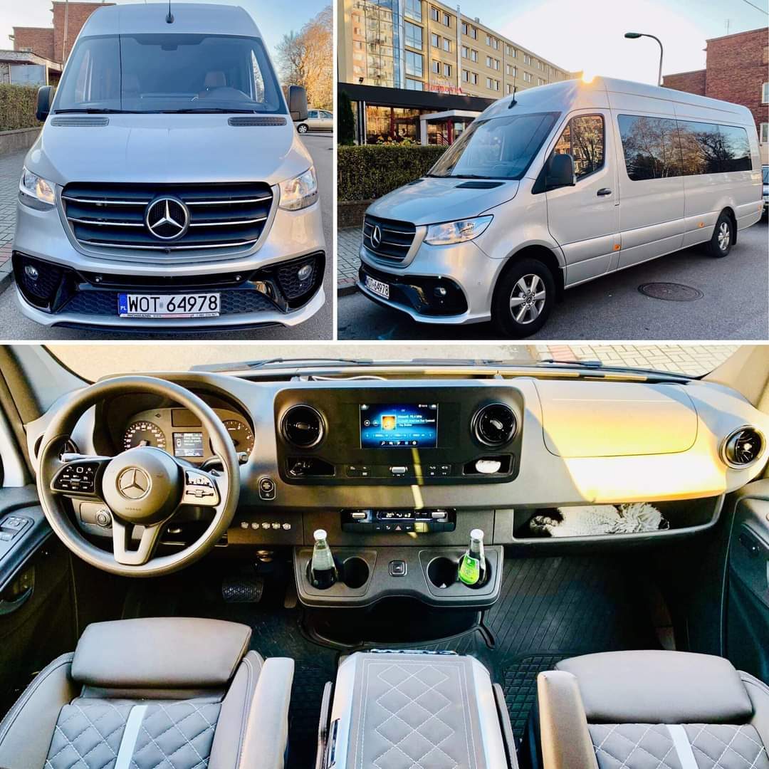 Srebrny Mercedes-Benz Sprinter i kokpit kierowcy — flota Angel Tour